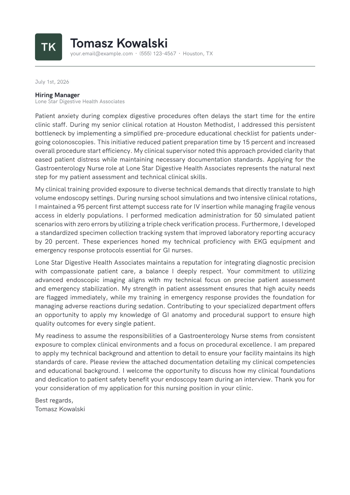 Gastroenterology Nurse cover letter in the Emblem design