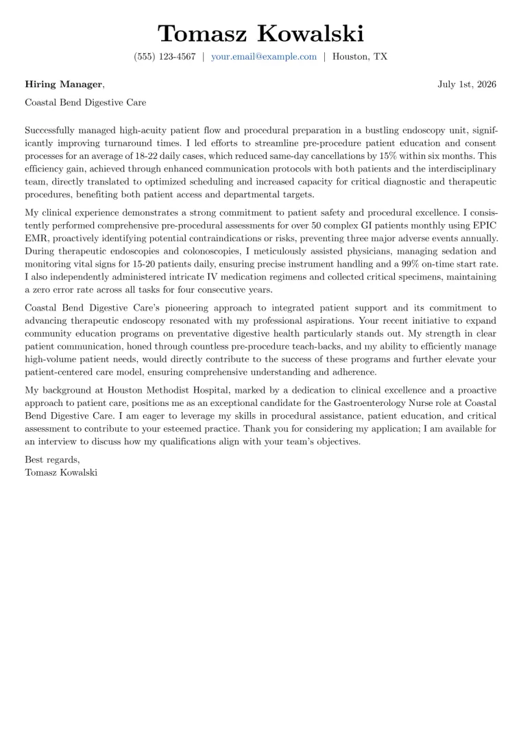 Gastroenterology Nurse cover letter example preview