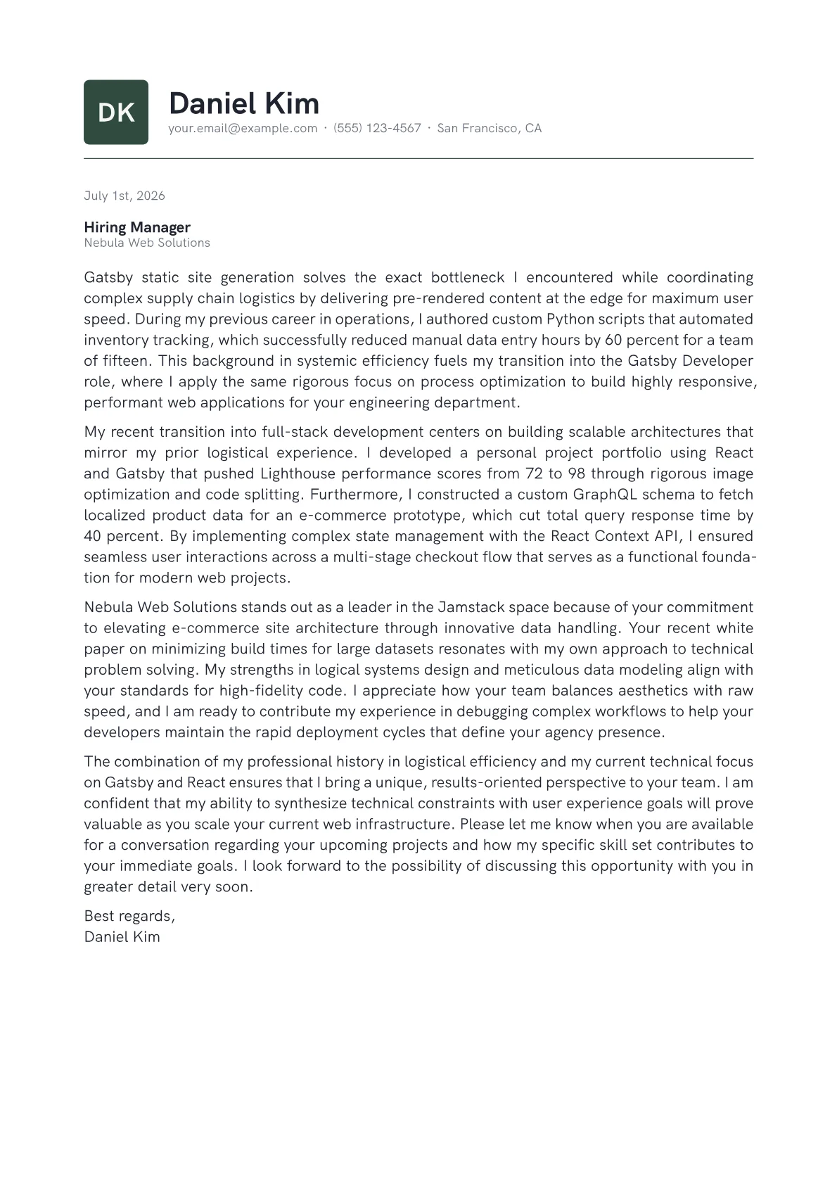 Gatsby Developer cover letter in the Emblem design