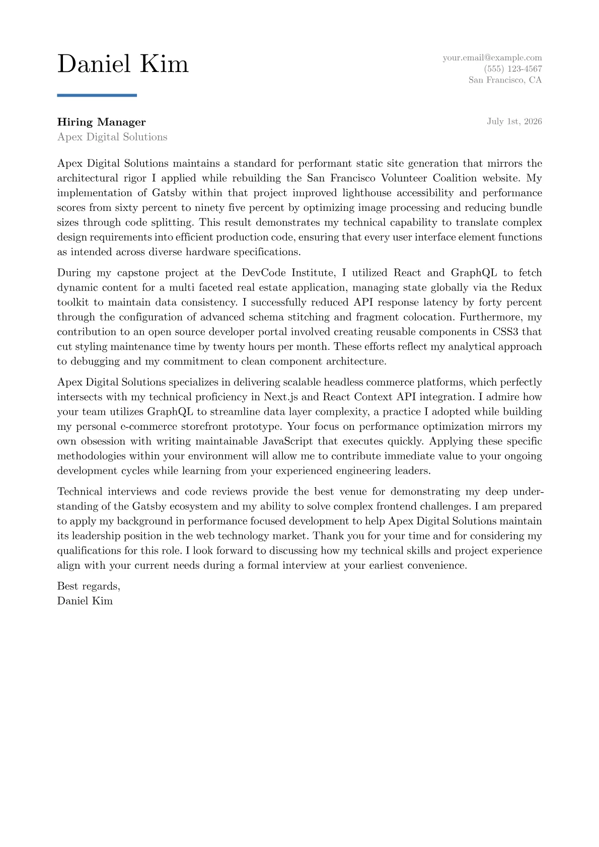 Gatsby Developer cover letter in the Executive design