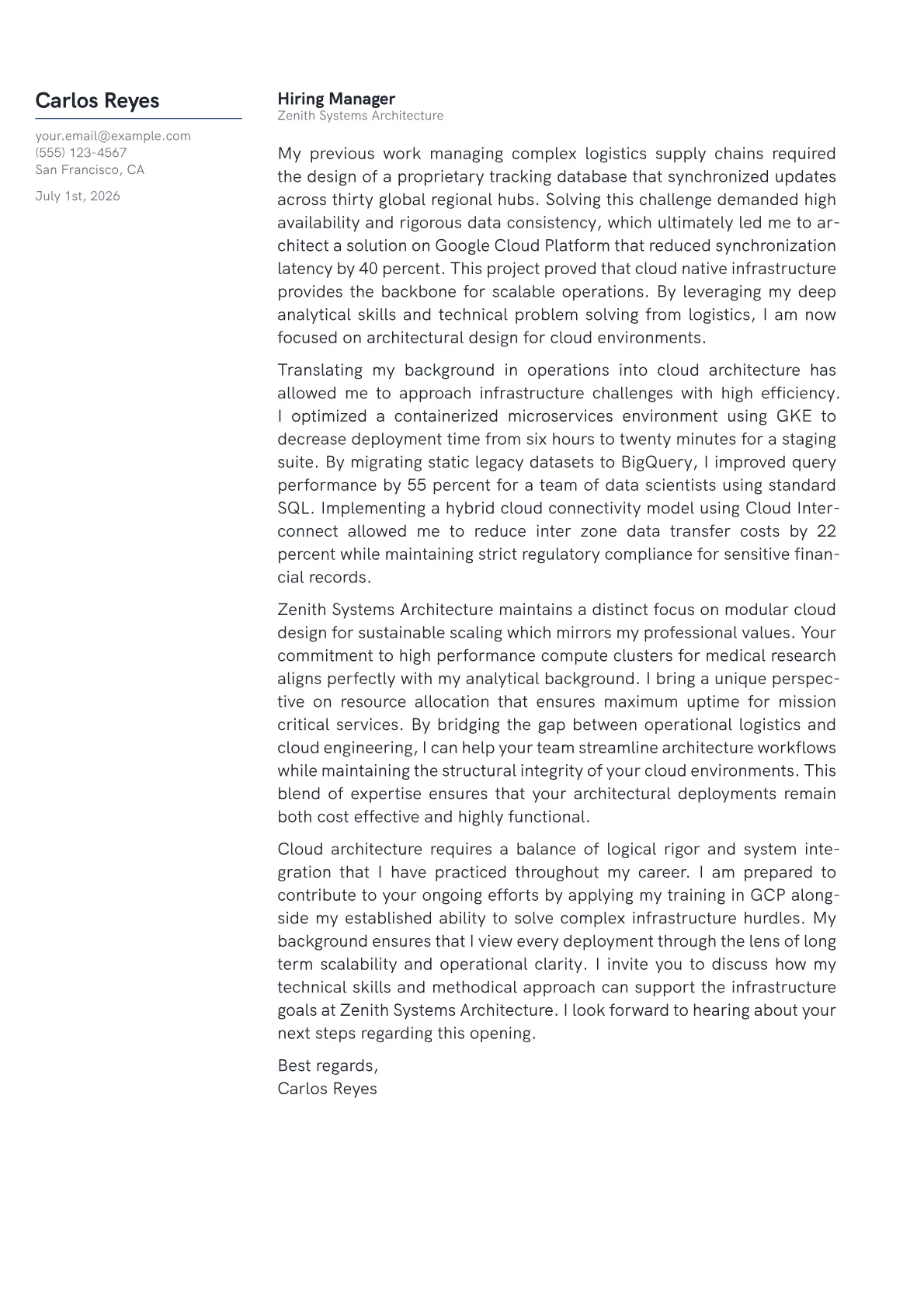 GCP Cloud Architect cover letter in the Margin design