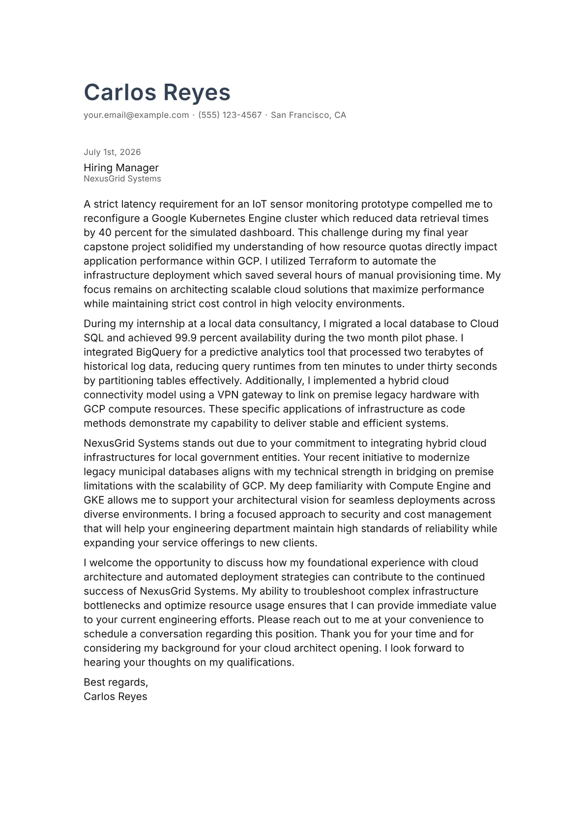GCP Cloud Architect cover letter in the Minimal design