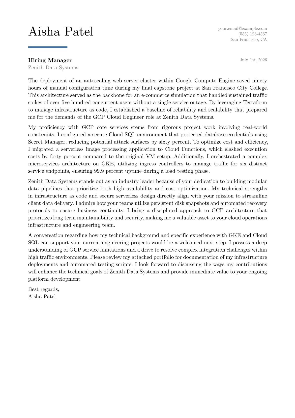 GCP Cloud Engineer cover letter in the Executive design