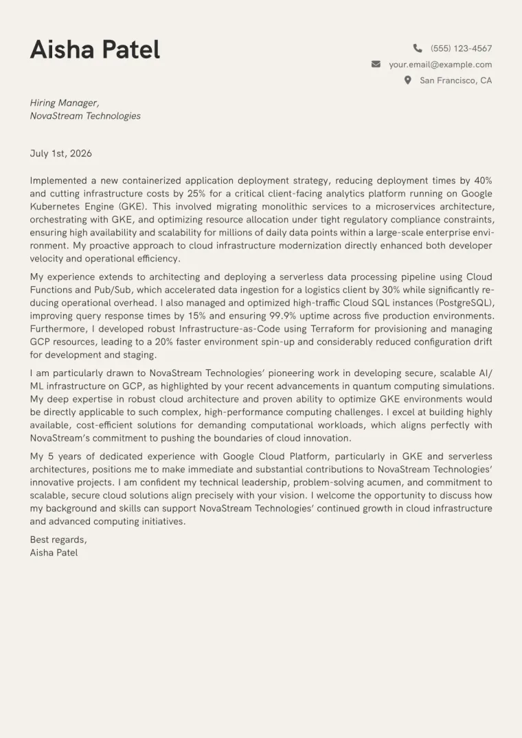 GCP Cloud Engineer cover letter example preview