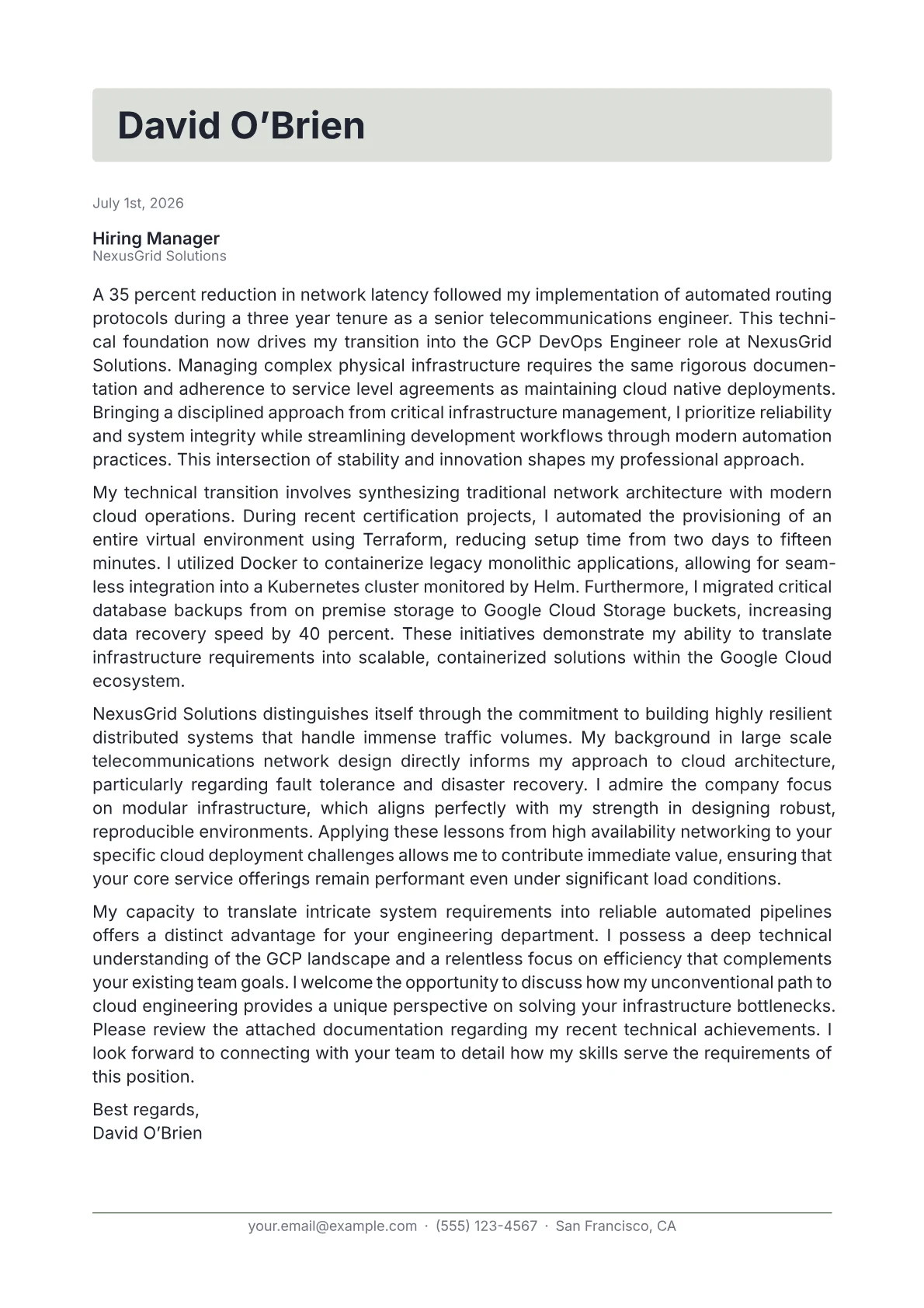 GCP DevOps Engineer cover letter in the Letterhead design
