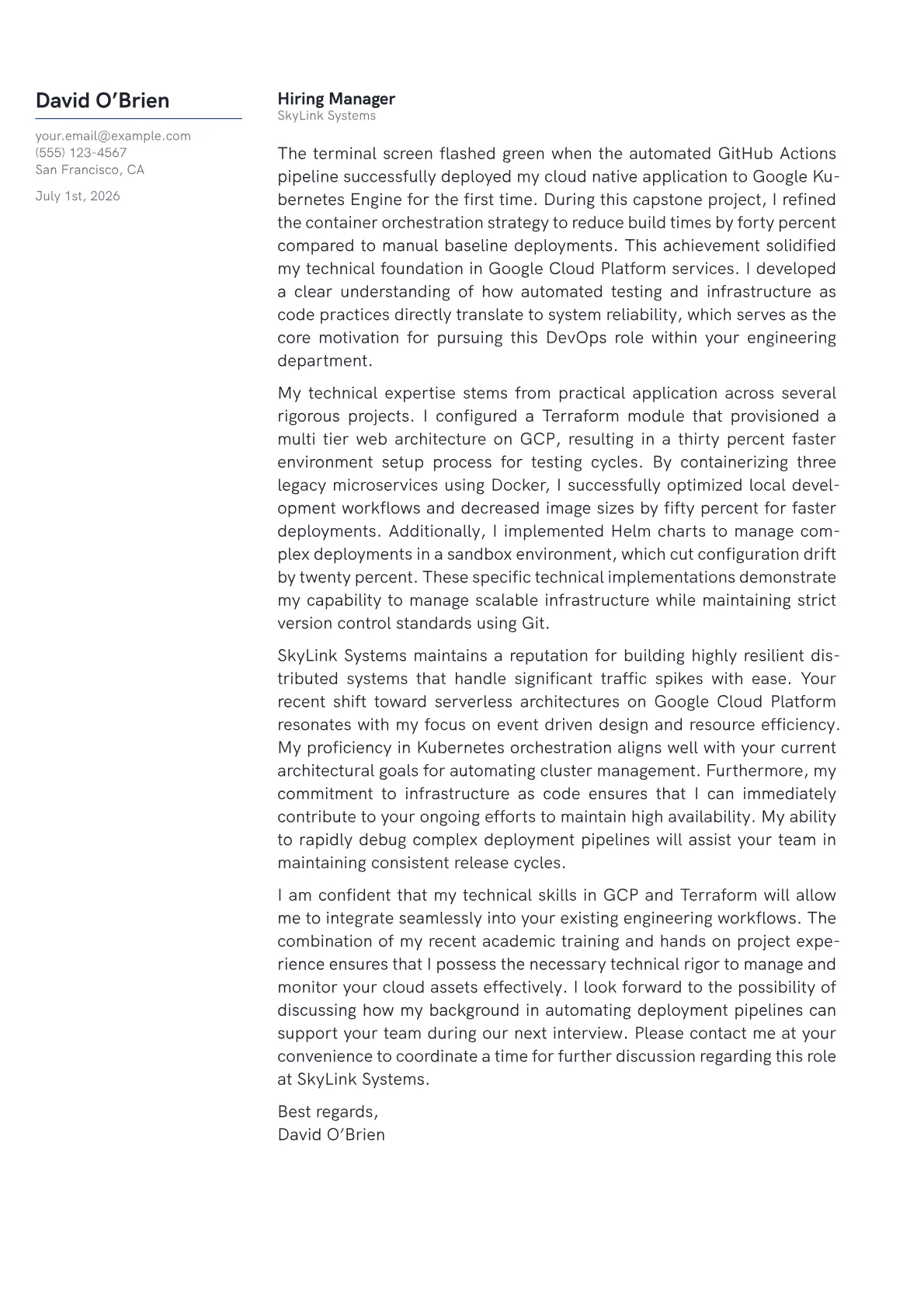 GCP DevOps Engineer cover letter in the Margin design