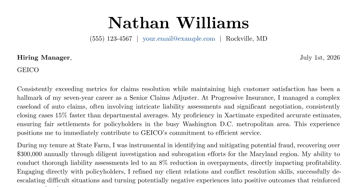 Unregulated Example GEICO Cover Letter Example + Template (2026)