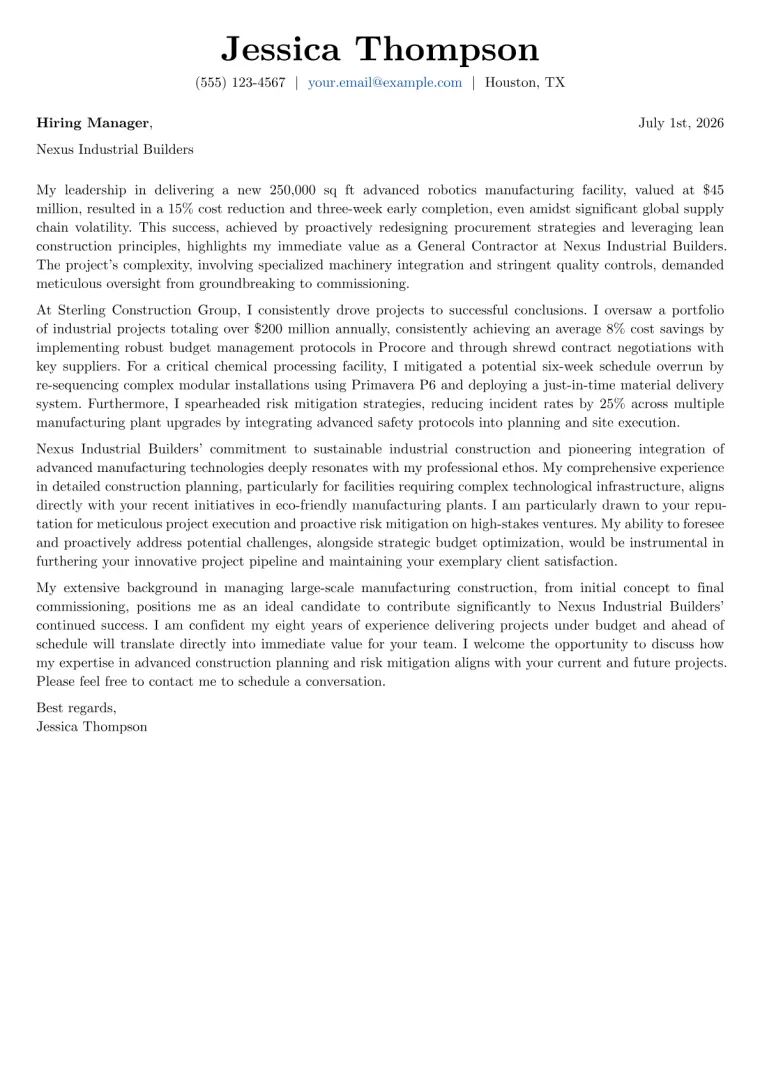 General Contractor cover letter example preview