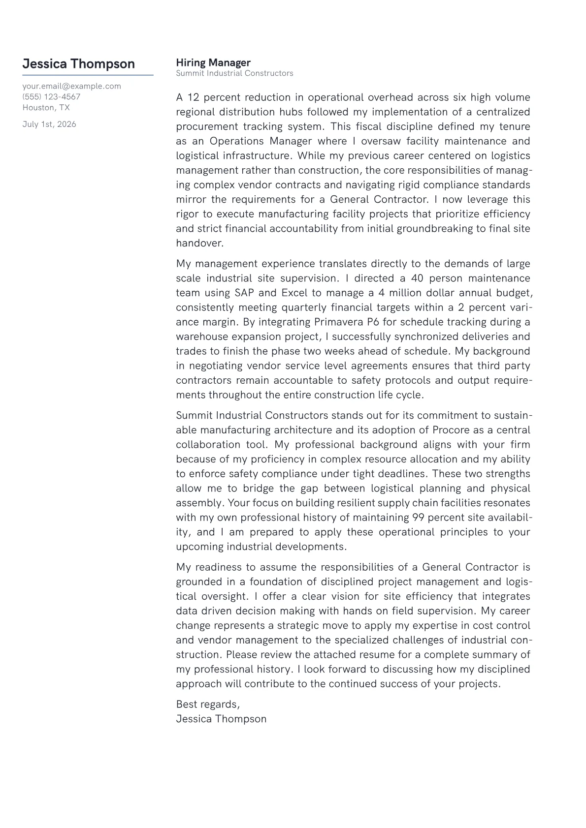General Contractor cover letter in the Margin design