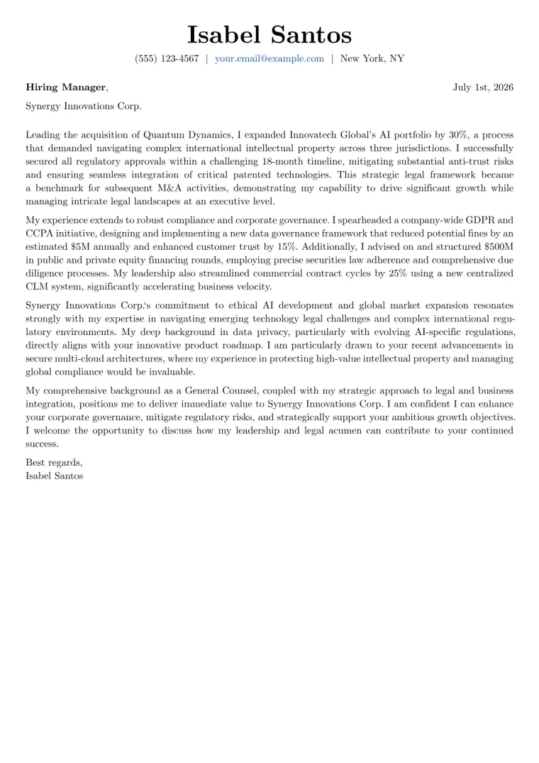 General Counsel Cover Letter Example