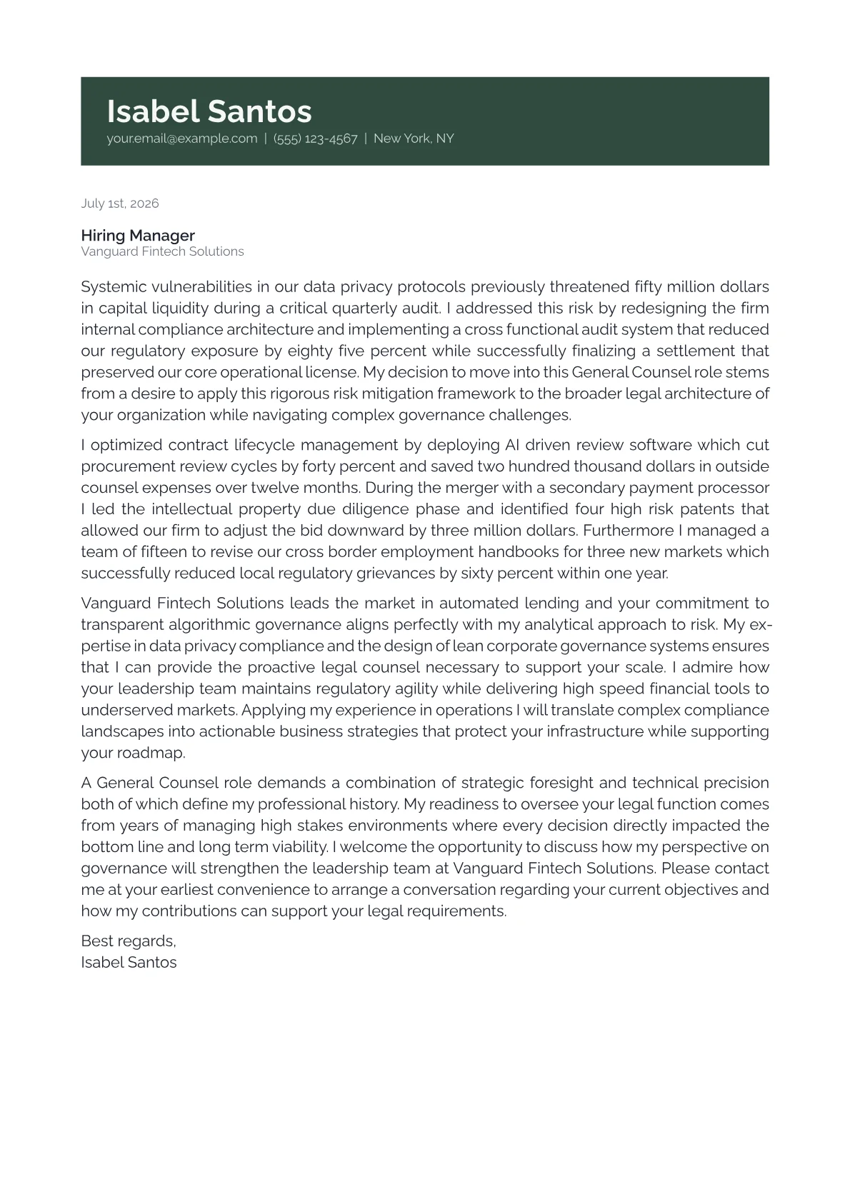 General Counsel cover letter in the Banner design