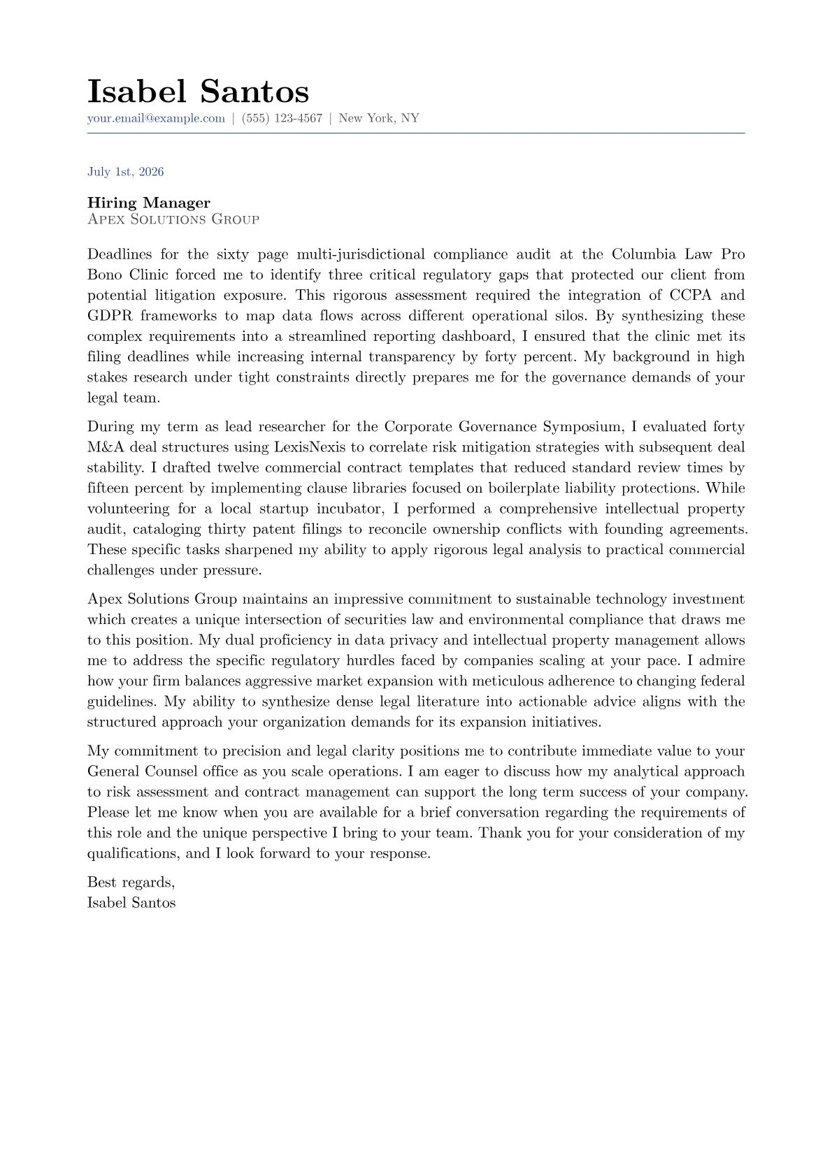 General Counsel cover letter in the Classic design