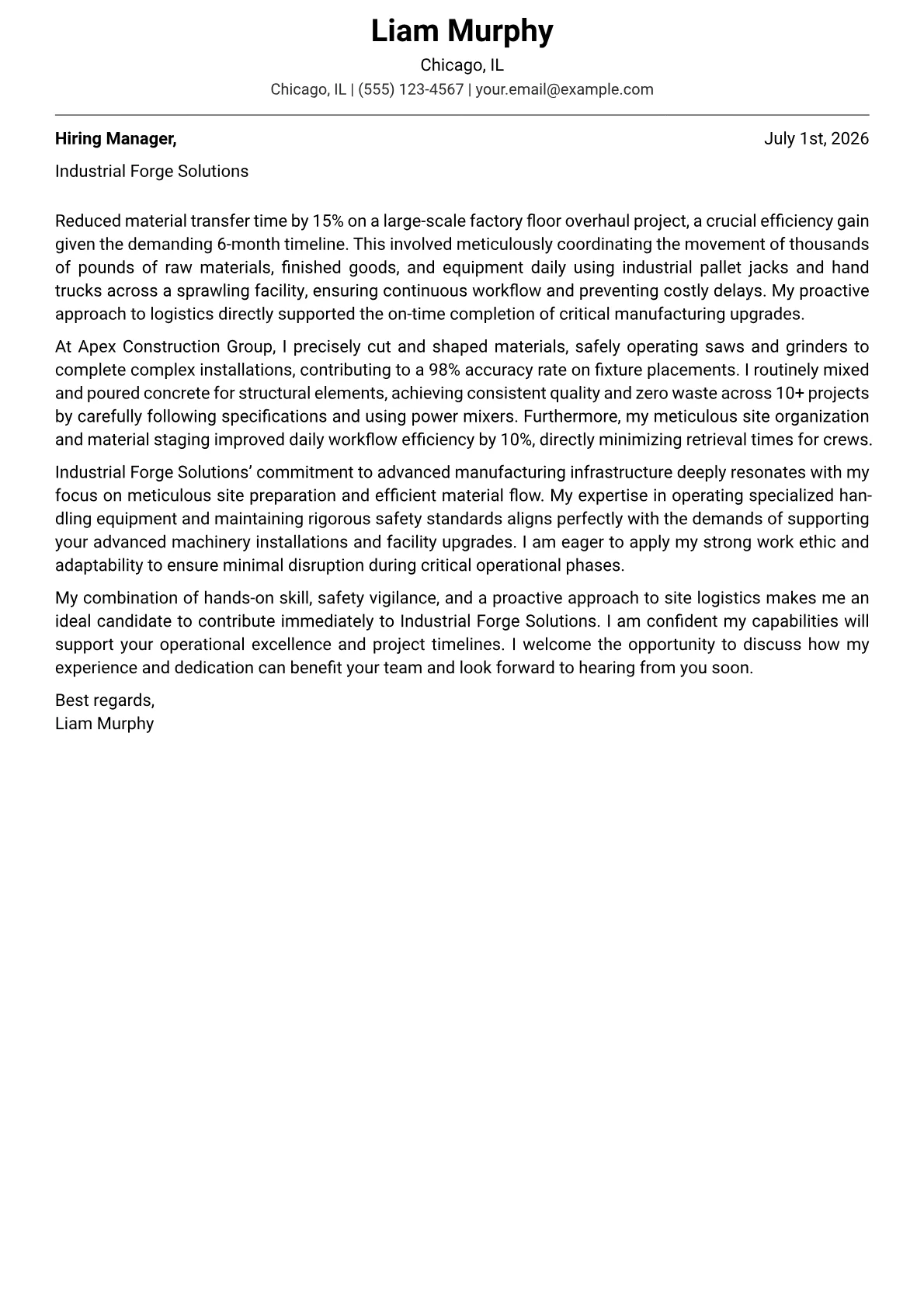 General Laborer cover letter formatted with a JobSprout template