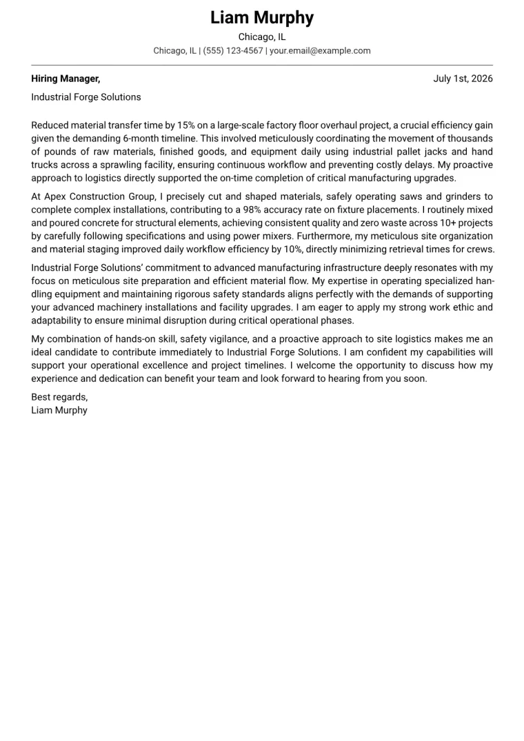 General Laborer Cover Letter Example