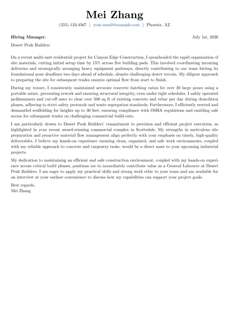 General Labourer cover letter example preview