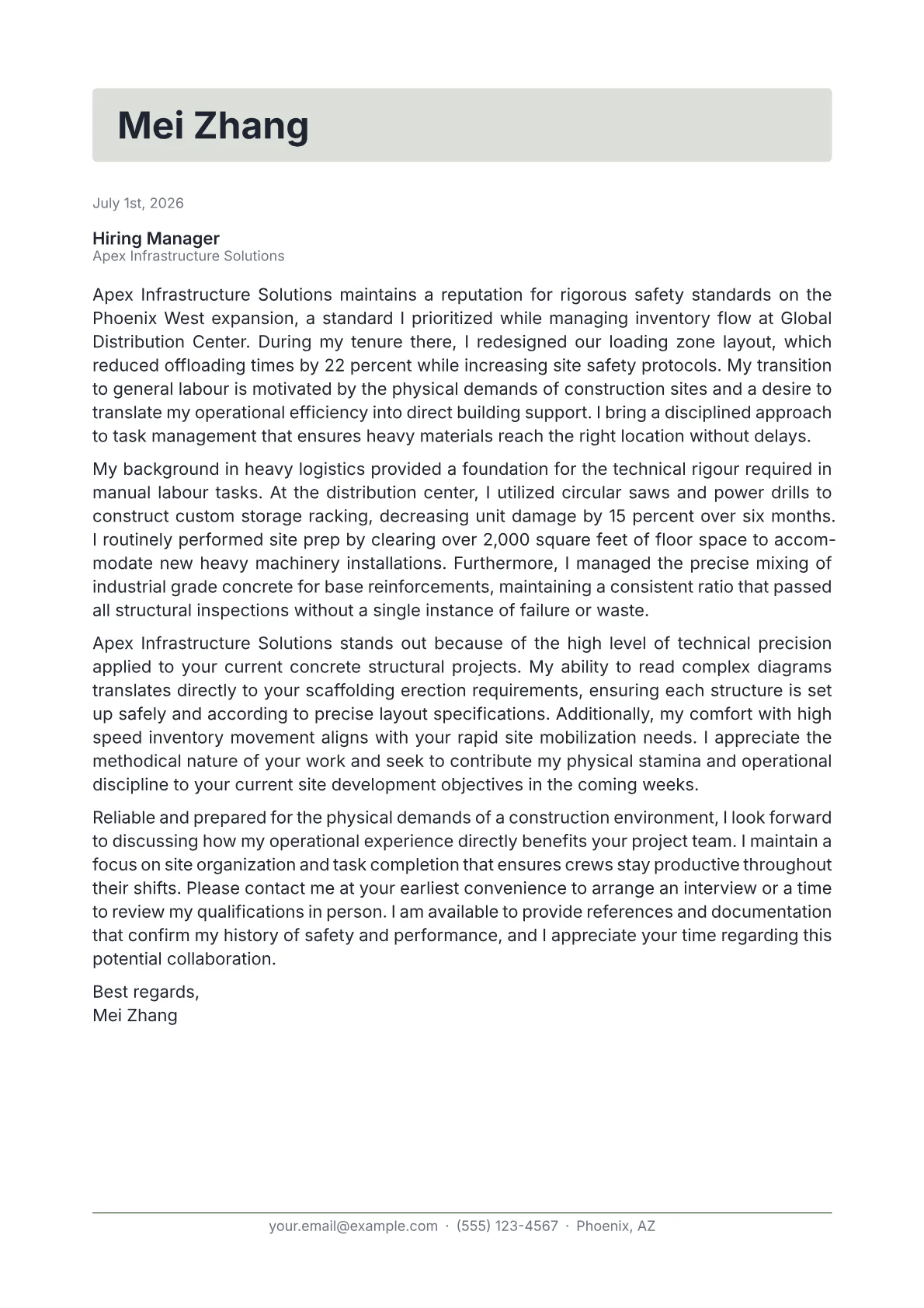 General Labourer cover letter in the Letterhead design