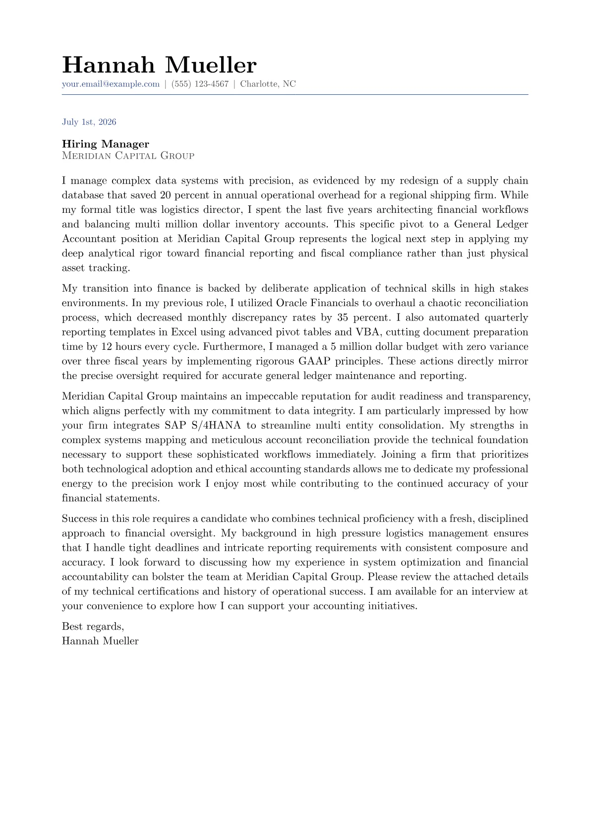 General Ledger Accountant cover letter in the Classic design