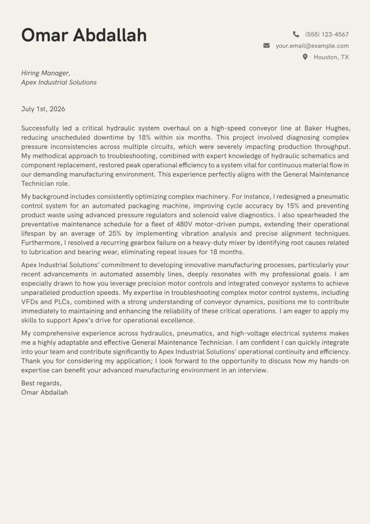 General Maintenance Technician cover letter example preview