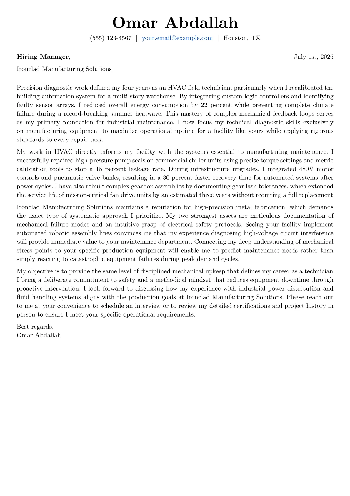 General Maintenance Technician cover letter in the Basic design