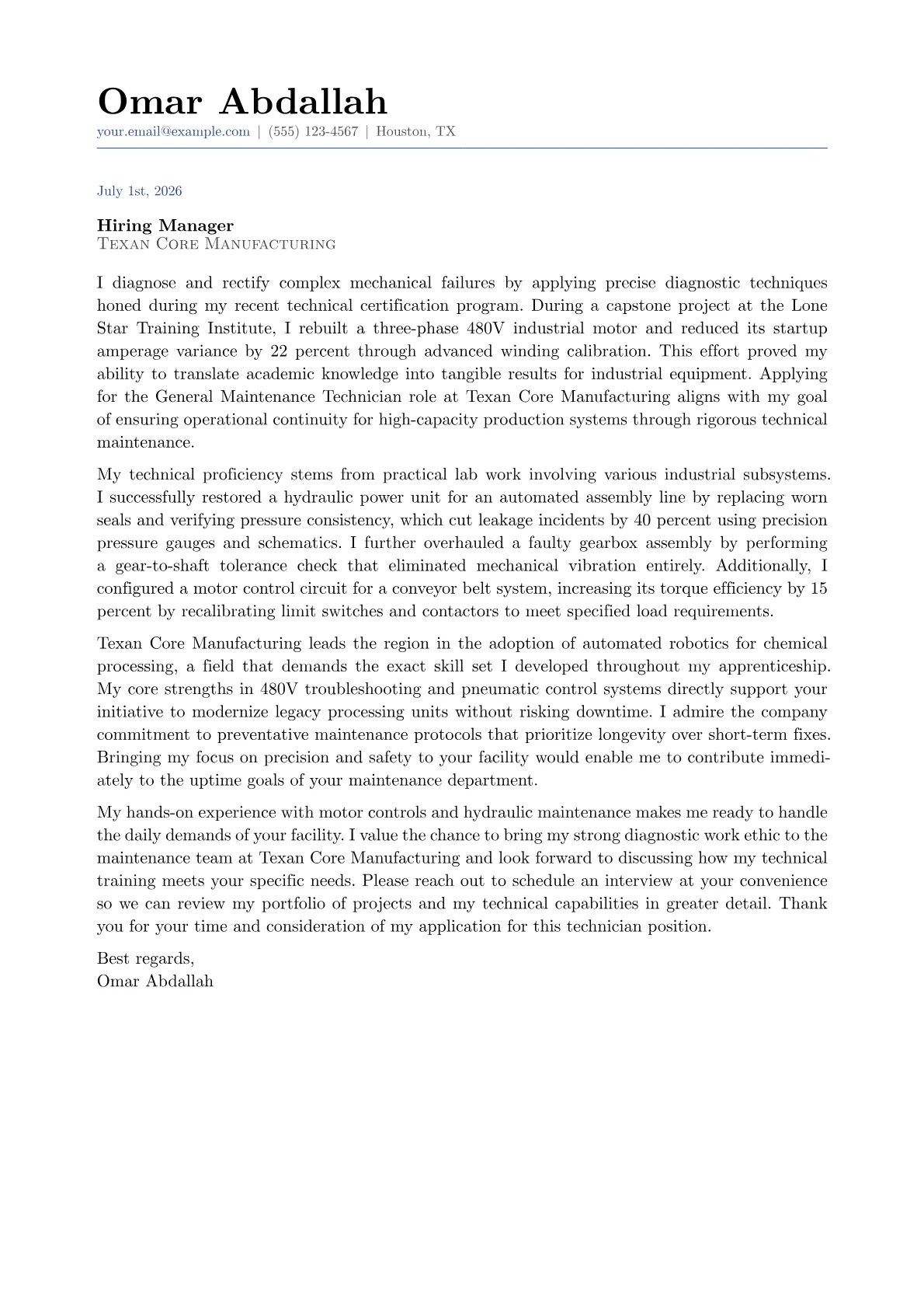 General Maintenance Technician cover letter in the Classic design