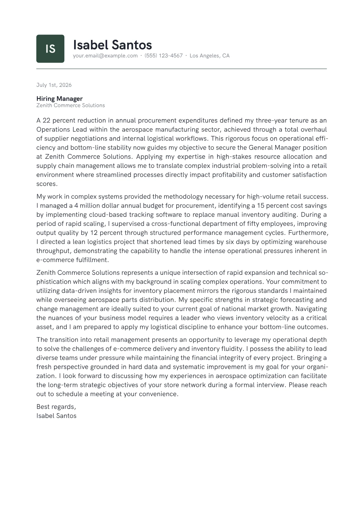General Manager cover letter in the Emblem design