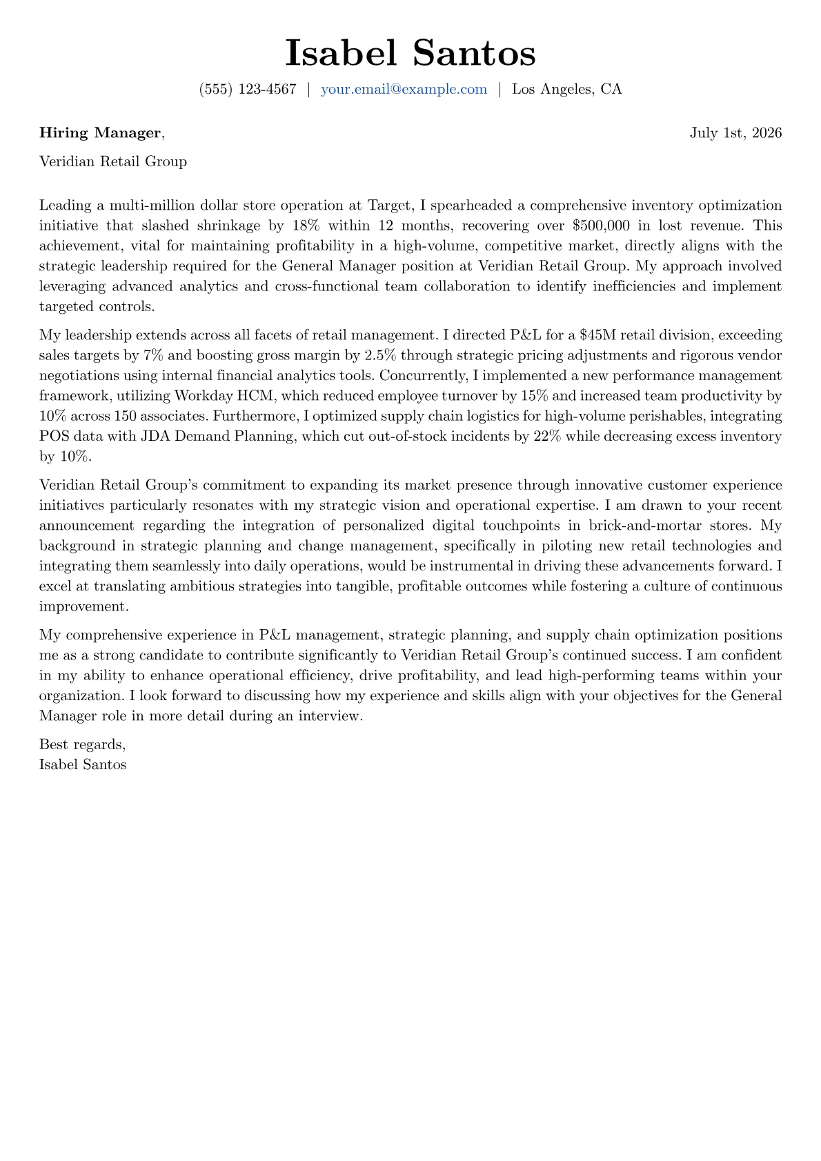 General Manager cover letter formatted with a JobSprout template
