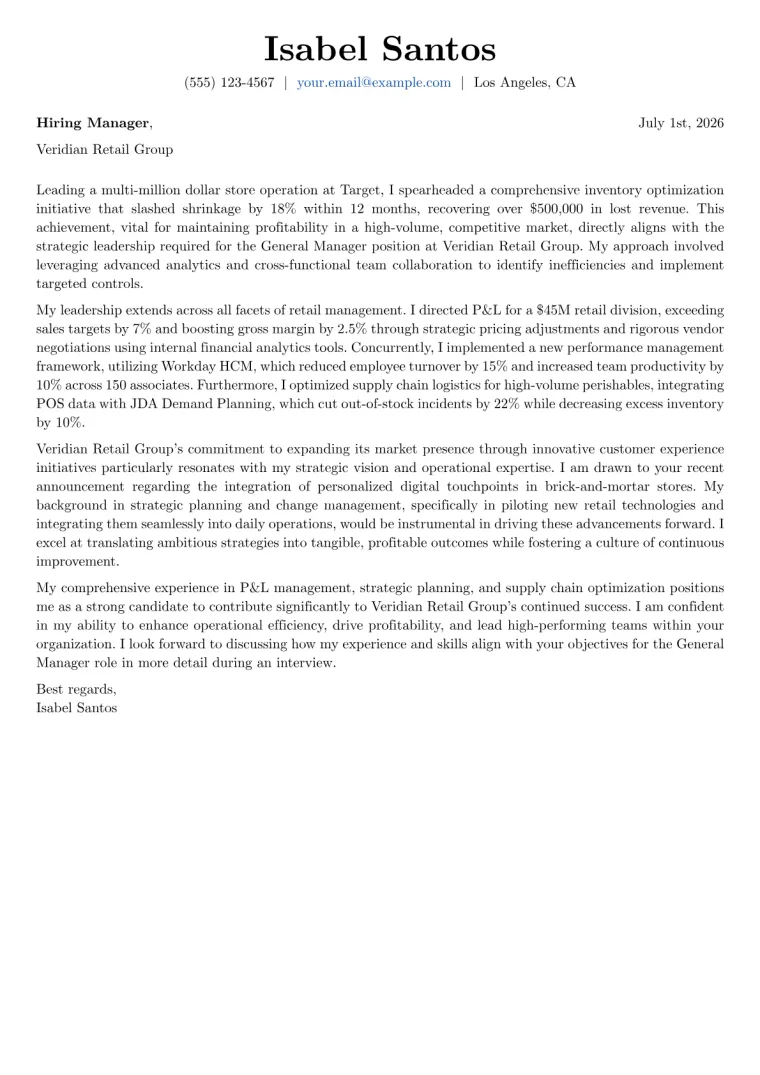 General Manager Cover Letter Example