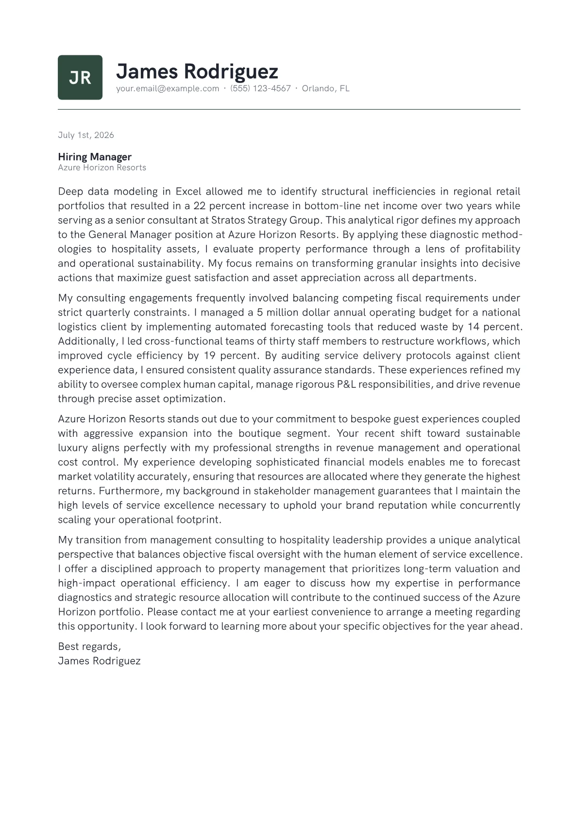 General Manager Hotel cover letter in the Emblem design