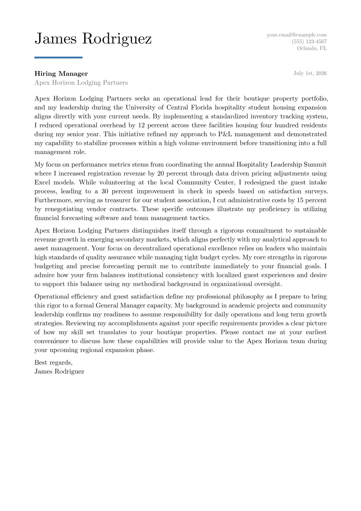 General Manager Hotel cover letter in the Executive design