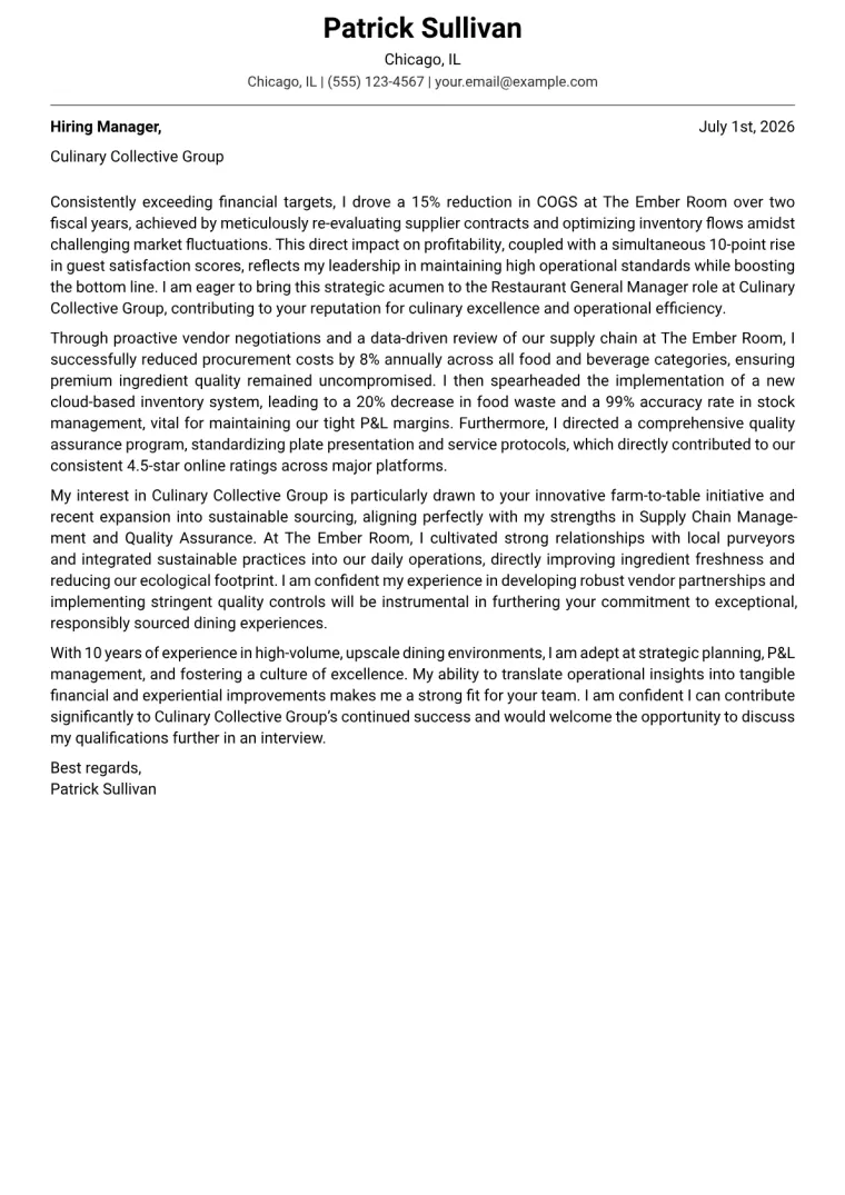 Restaurant General Manager cover letter example preview