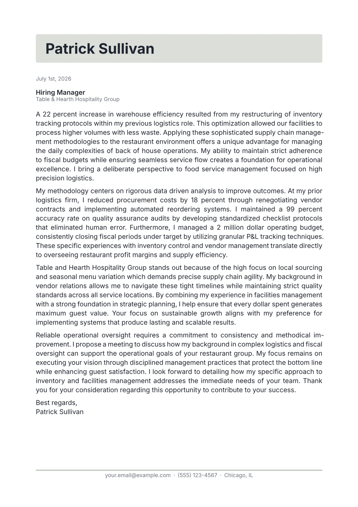 Restaurant General Manager cover letter in the Letterhead design
