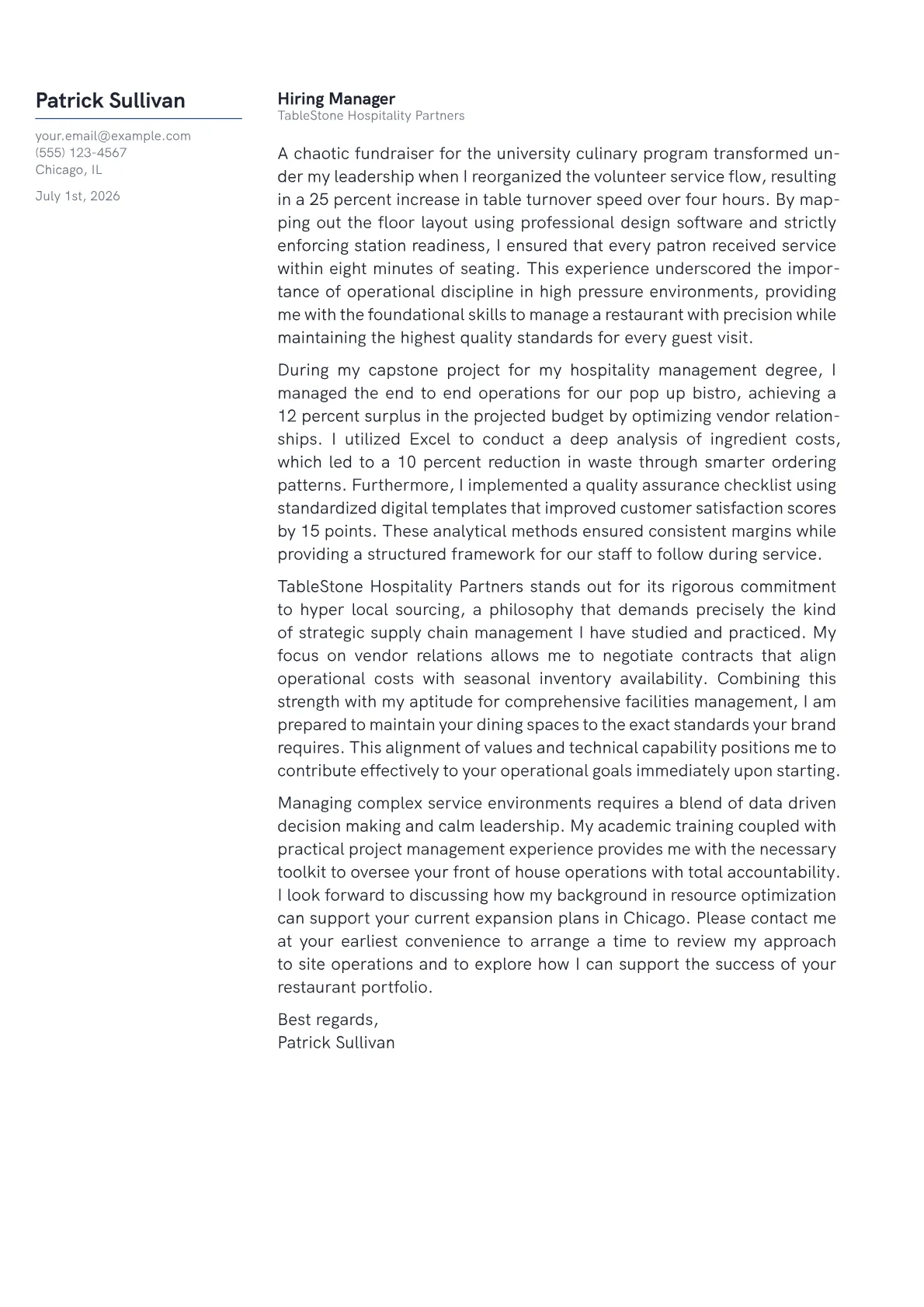 Restaurant General Manager cover letter in the Margin design