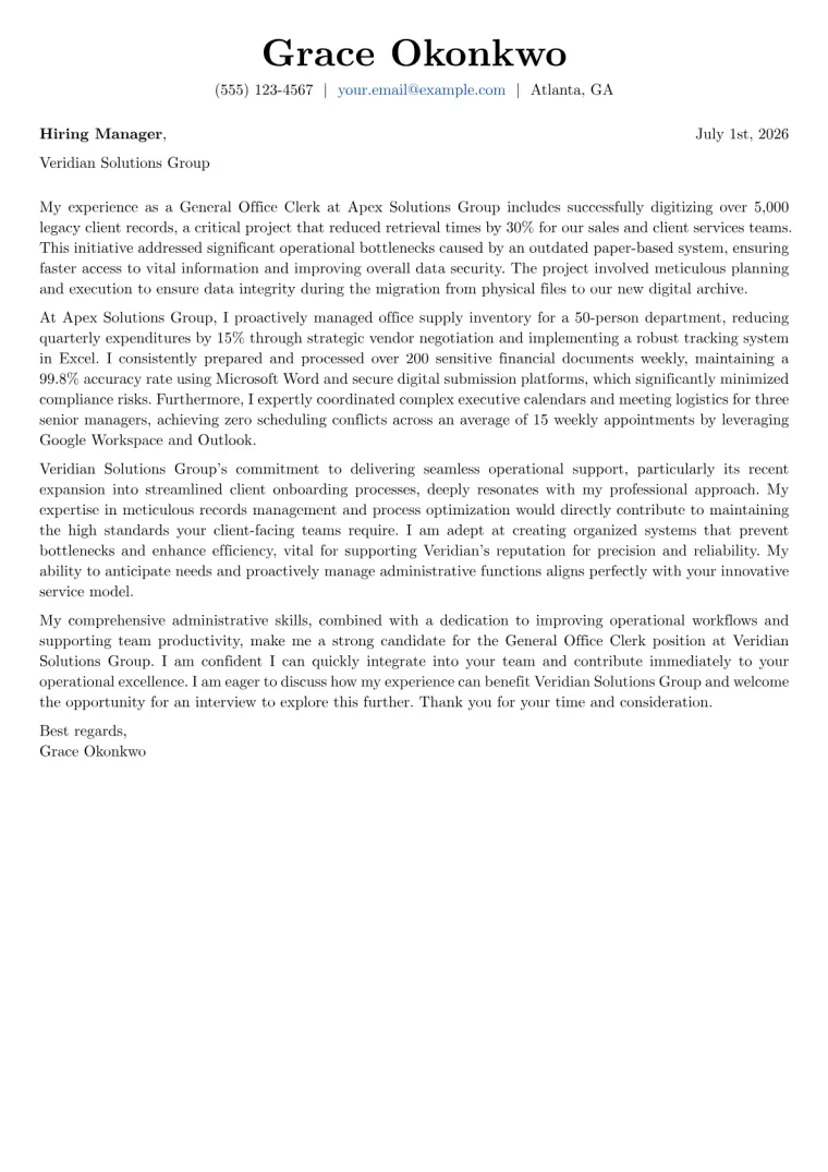General Office Clerk Cover Letter Example