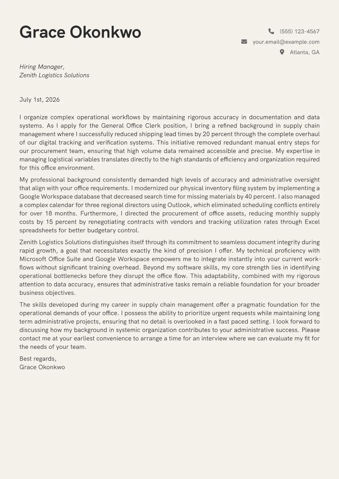General Office Clerk cover letter in the Creative design