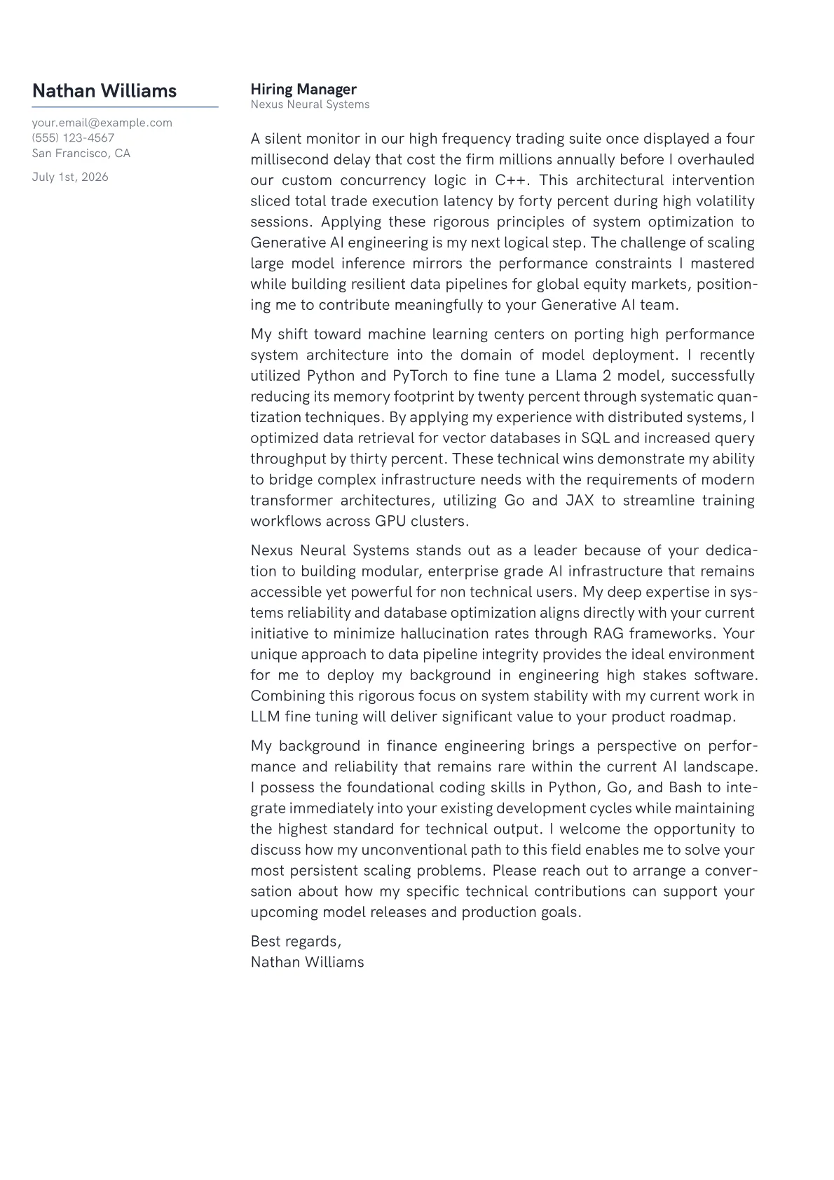 Generative AI Engineer cover letter in the Margin design