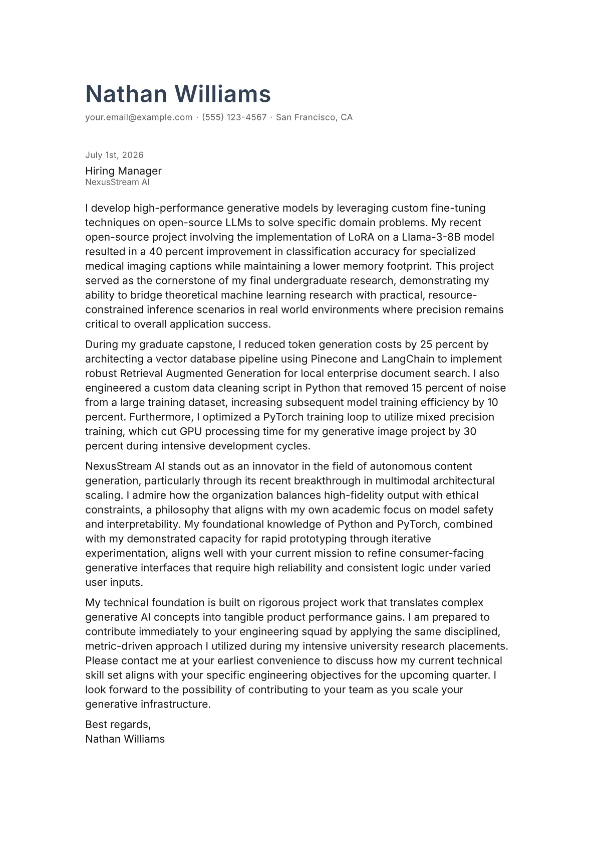 Generative AI Engineer cover letter in the Minimal design