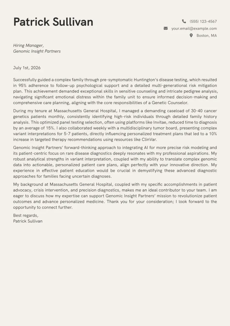Genetic Counselor cover letter example preview