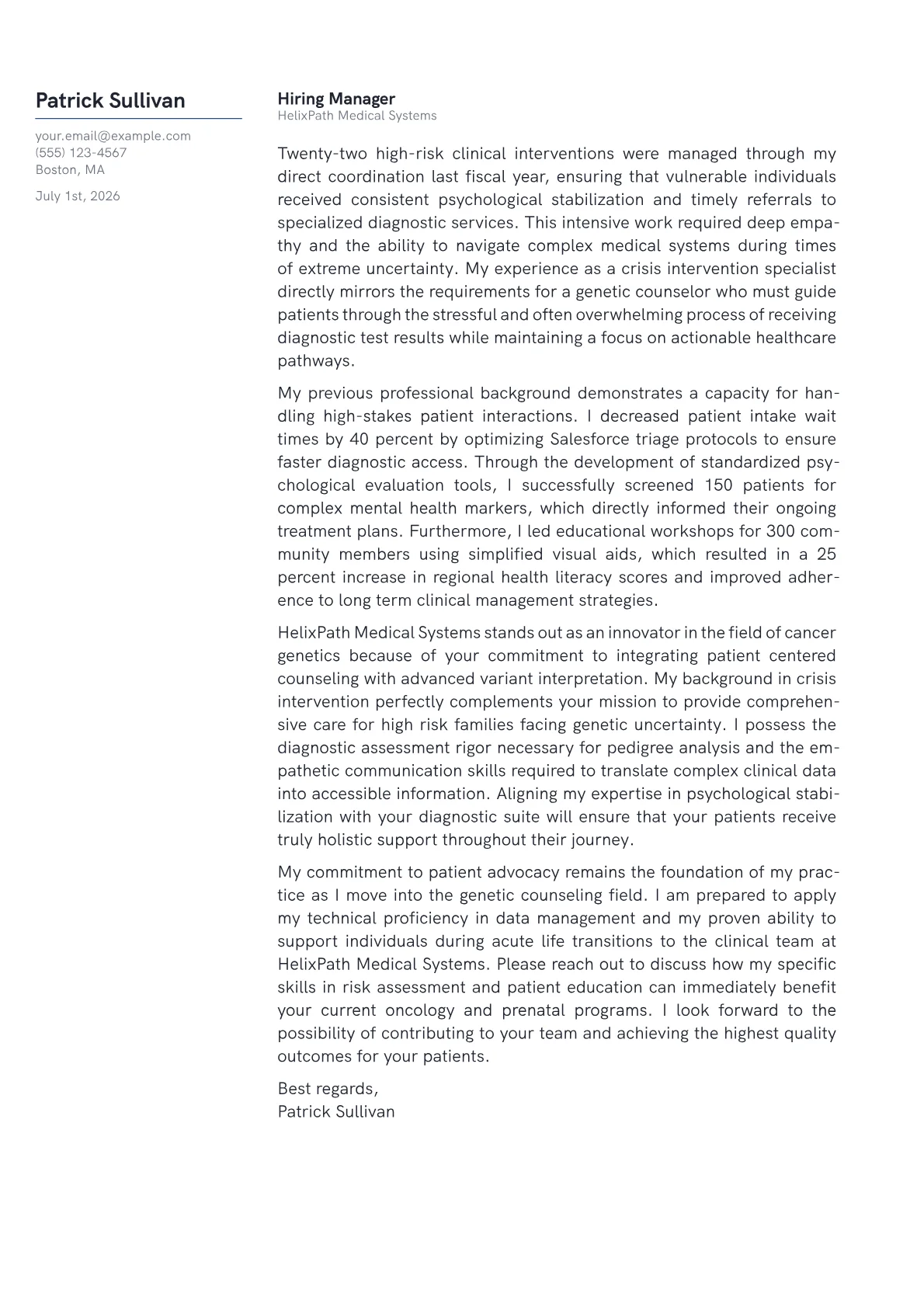 Genetic Counselor cover letter in the Margin design