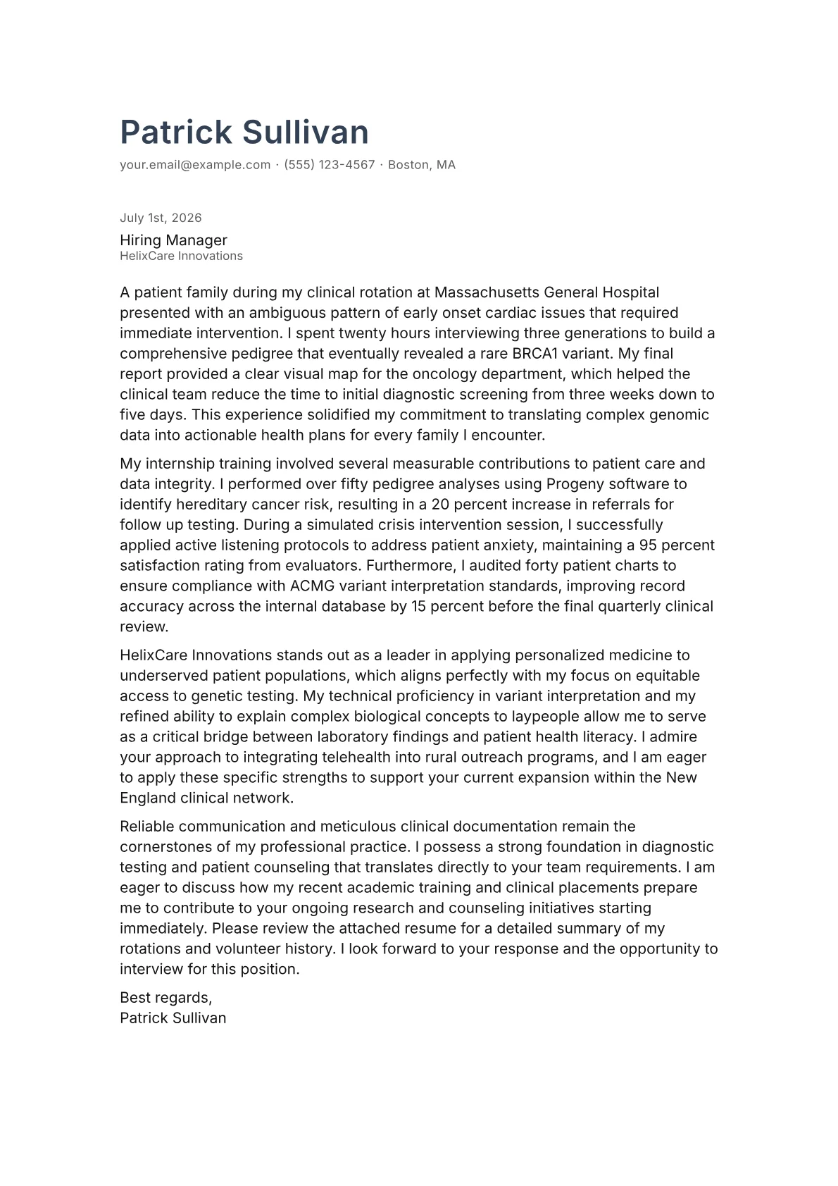 Genetic Counselor cover letter in the Minimal design