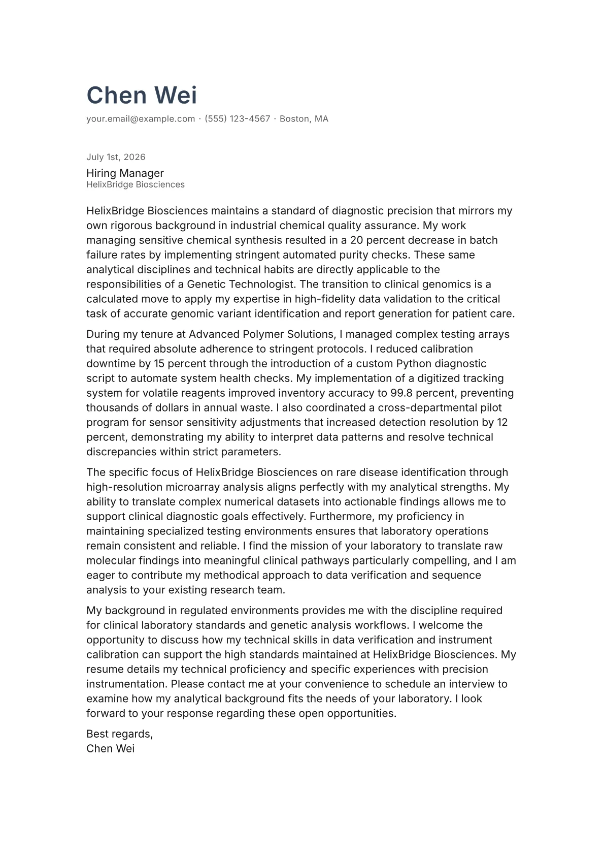 Genetic Technologist cover letter in the Minimal design