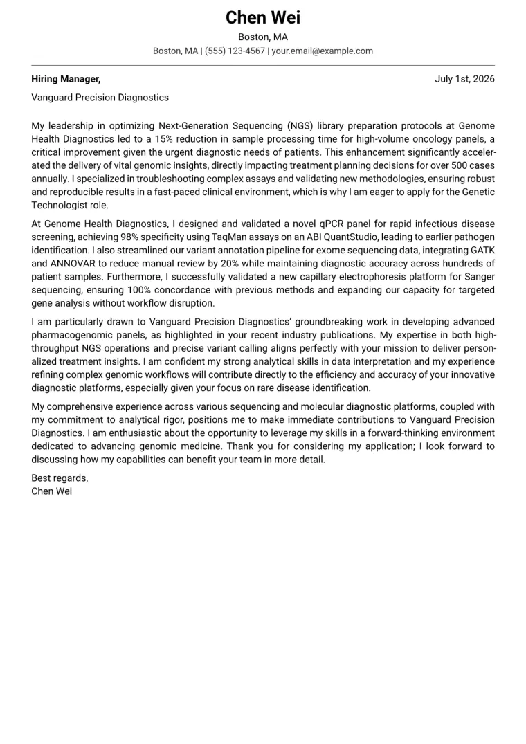 Genetic Technologist cover letter example preview