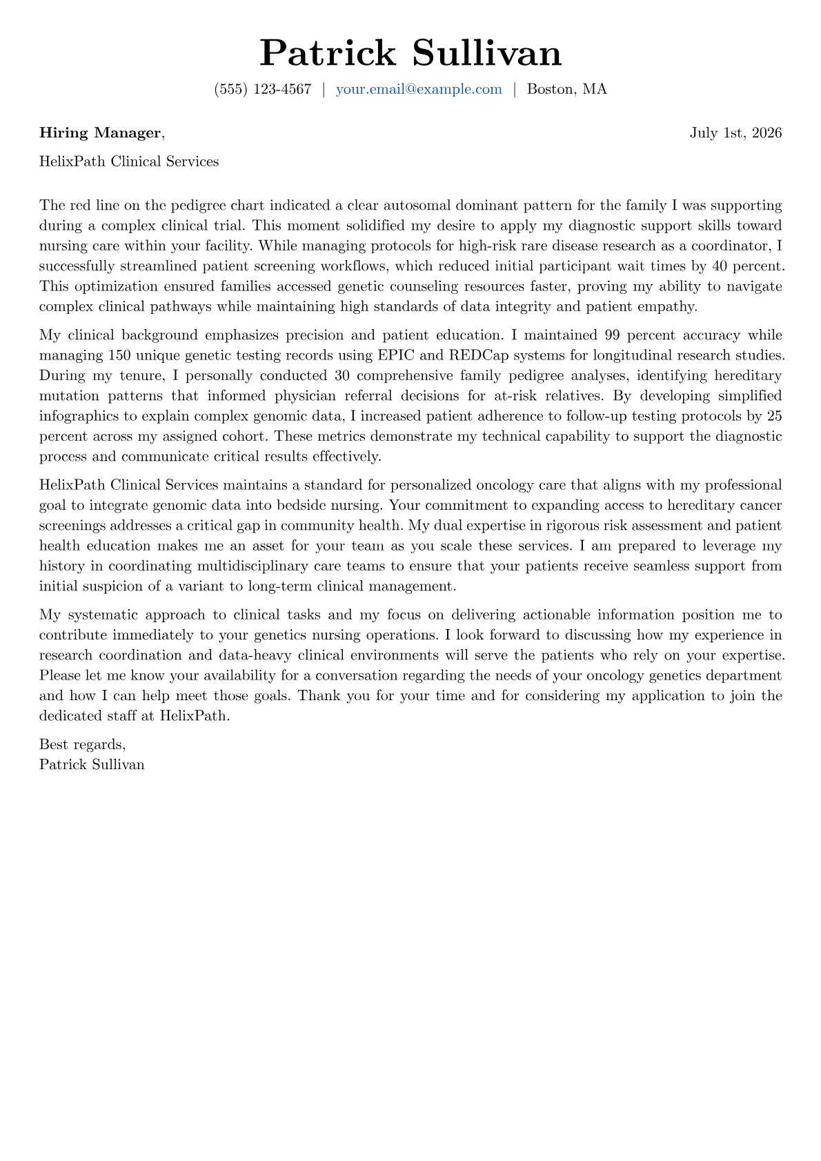 Genetics Nurse cover letter in the Basic design