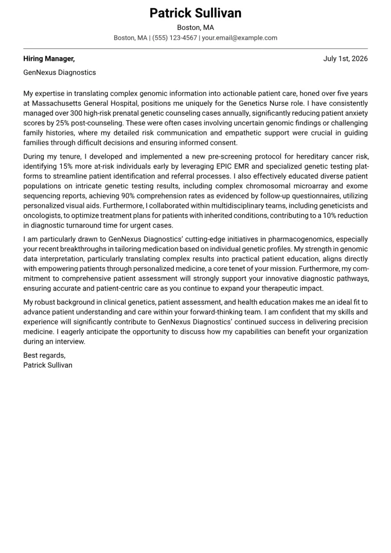 Genetics Nurse cover letter example
