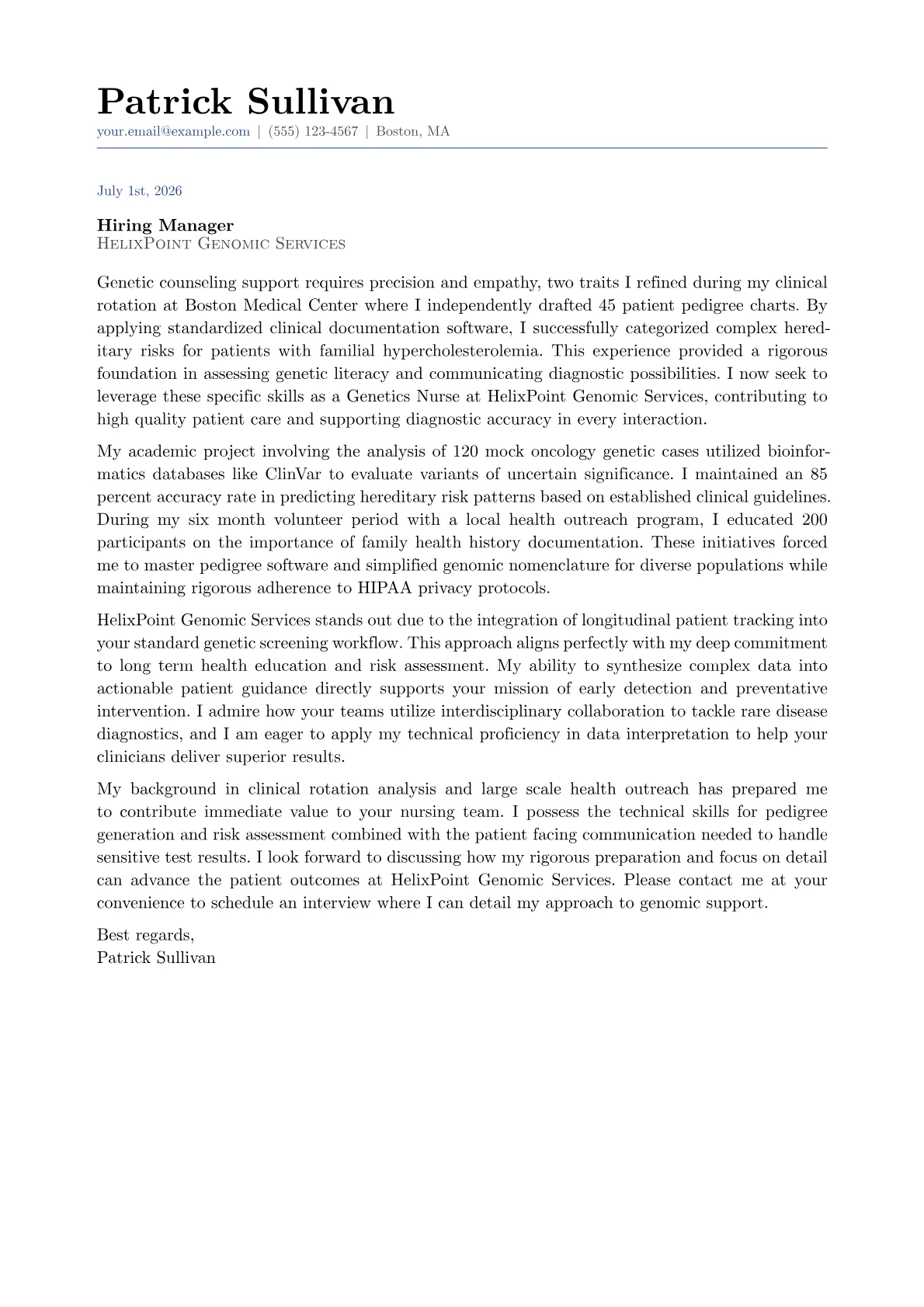 Genetics Nurse cover letter in the Classic design