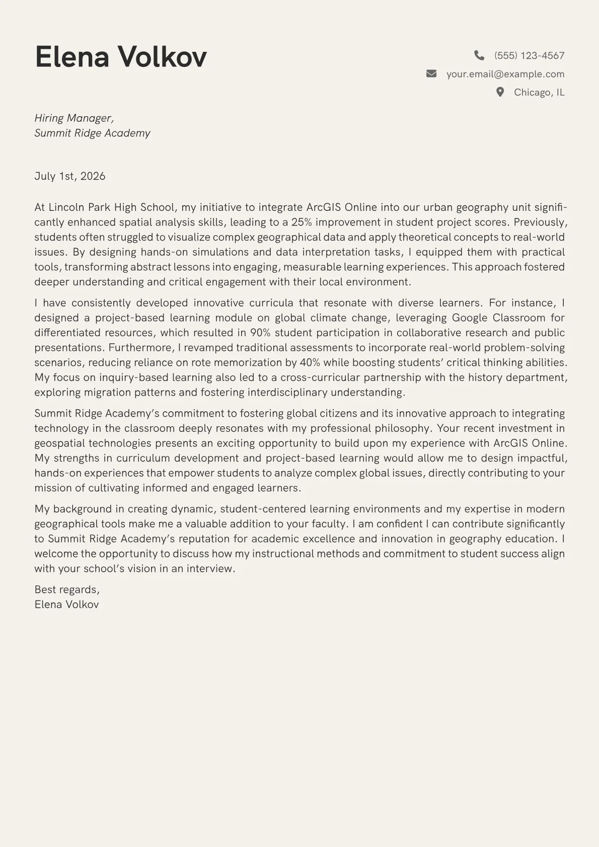Geography Teacher cover letter formatted with a JobSprout template