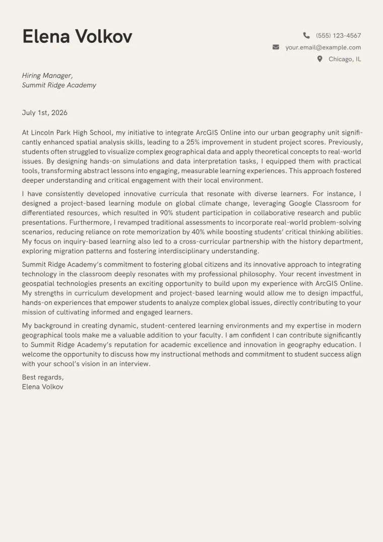 Geography Teacher cover letter example preview