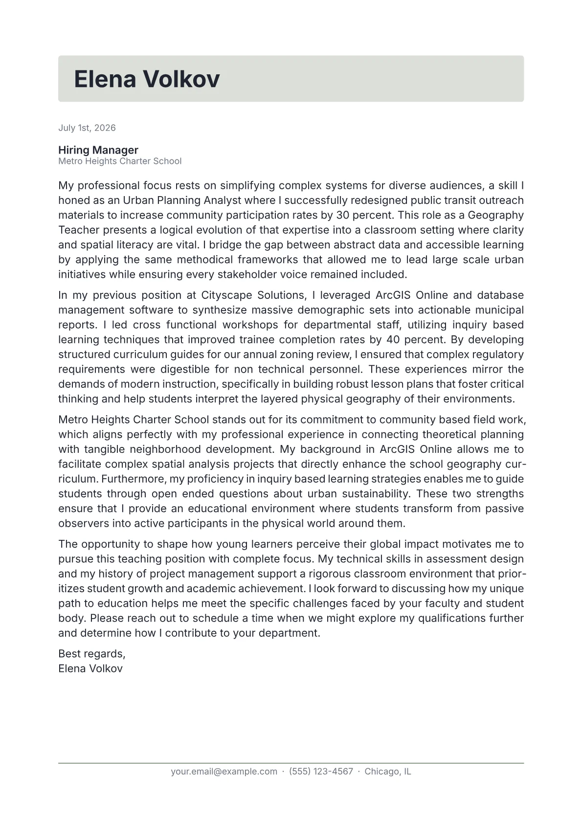 Geography Teacher cover letter in the Letterhead design