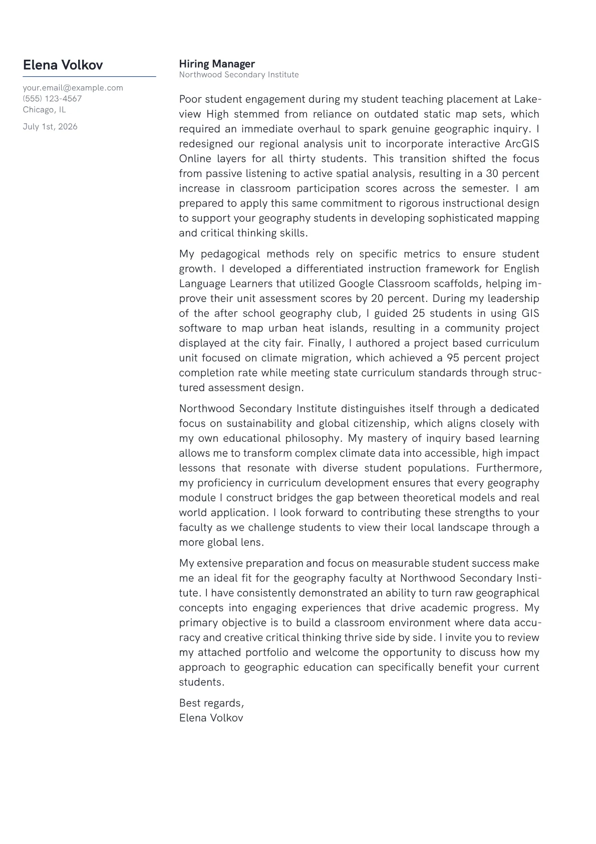Geography Teacher cover letter in the Margin design
