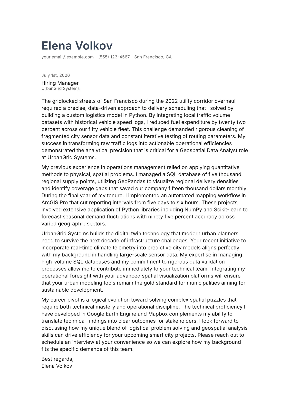 Geospatial Data Analyst cover letter in the Minimal design