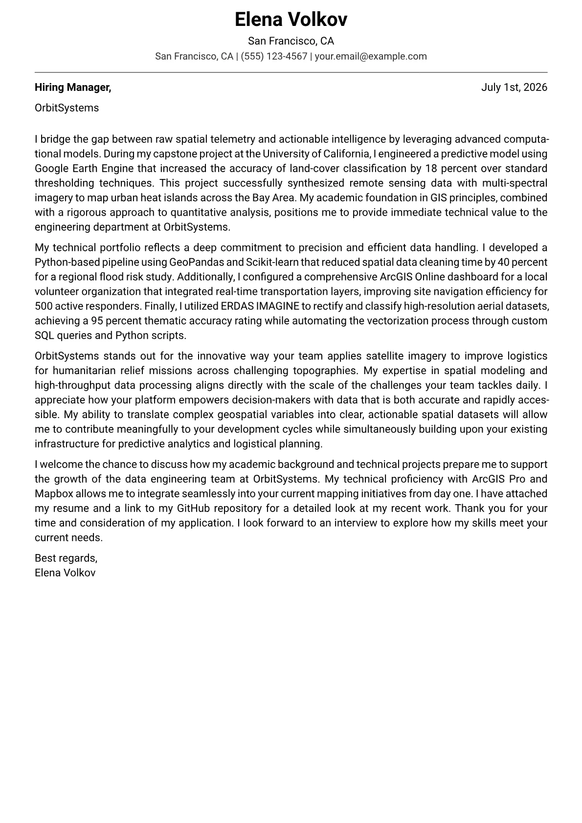Geospatial Data Analyst cover letter in the Modern design